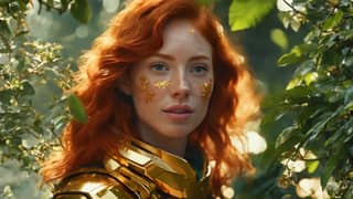 The girl with red hair and gold armor.