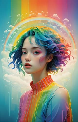 The person has rainbow hair and a rainbow colored shirt, with clouds in the background.