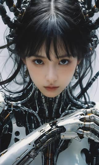 The robot lady has black hair, a robot suit, a headpiece, and a robotic arm.