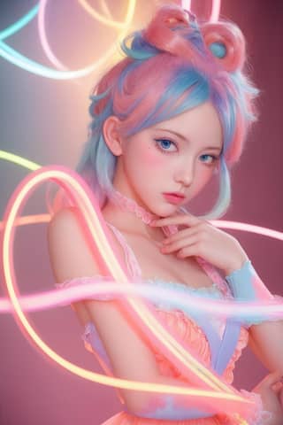 Two girls with pink and blue hair posing with neon lights, considered the most beautiful in the world.