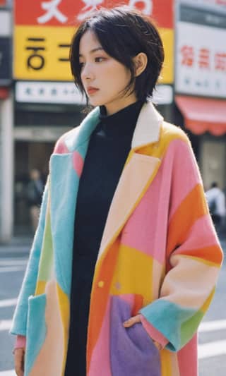 Wearing a colorful coat while standing on a street corner.