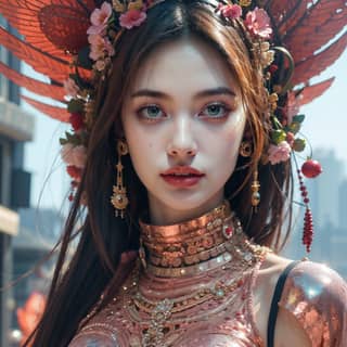 Wearing a headpiece and gold jewelry, dressed in a pink dress and flower crown, showcasing the beauty of Chinese culture.