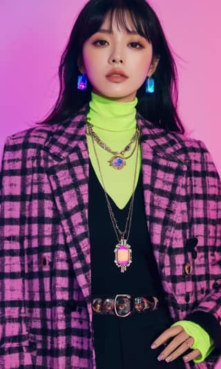 Wearing a pink and black plaid jacket and black pants with a green turtle neck. The necklace is pink.