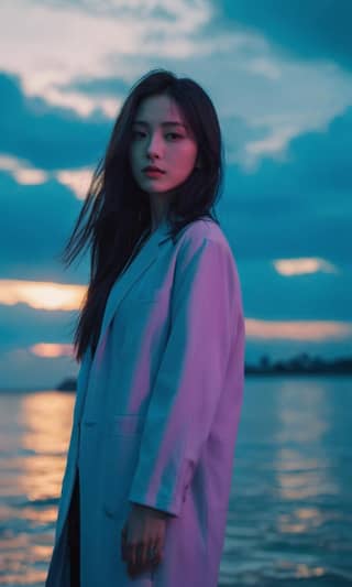 Wearing a white coat, the new girl poses on the beach at sunset.