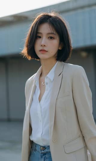 Wearing a white shirt and tan blazer, the new face of the Korean drama.