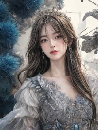 穿着蓝色连衣裙和羽毛头饰的女士