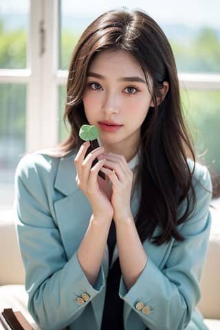 Woman in a blue jacket holding a green leaf and flower is the new face of the girl.
