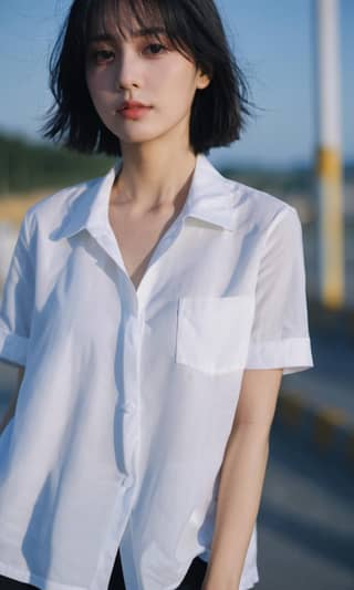 Woman is wearing a white shirt and black pants, a must-have for any woman.