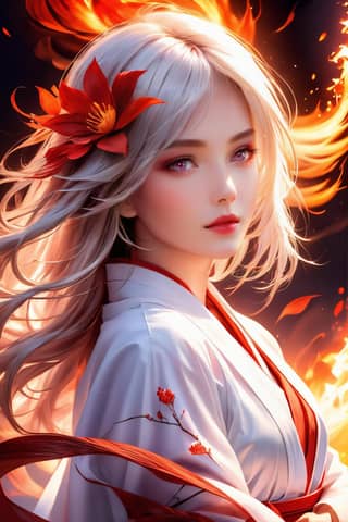 Woman in a kimono with fire and flowers in her hair.