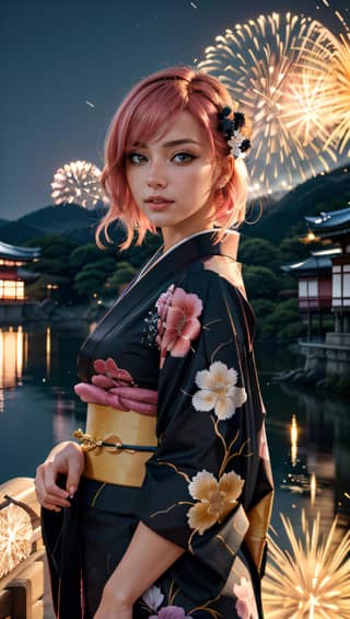Woman in a kimono standing in front of fireworks.