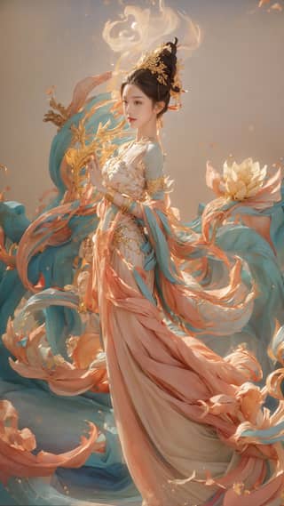 一位穿着东方服饰、长发抱着花的女性。艺术网站展示全球绘画和插画作品。
