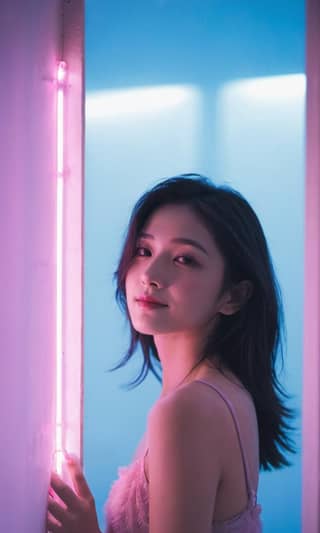 Woman in pink dress standing near neon light, leaning against wall, and looking in mirror.