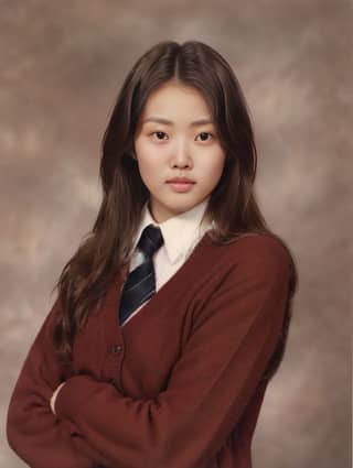 Femme en uniforme scolaire et pull rouge, cravate et cheveux bruns posant pour un portrait.