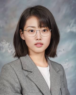 Mujer con gafas y un traje gris.