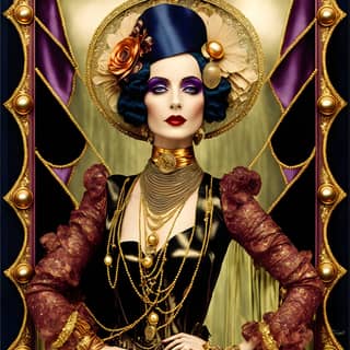 Woman wearing gold and purple costume and necklace, black dress and gold jewelry with a blue hat. The circus art.