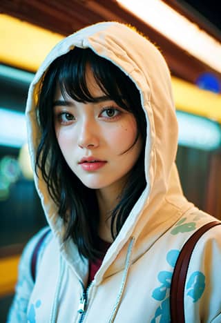 Woman wearing a white hoodie standing in front of a train.