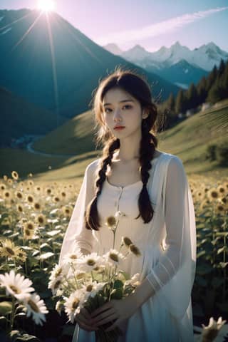 Woman in a white dress holding a bouquet of sunflowers.