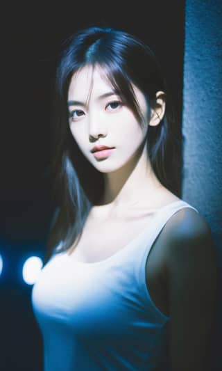 A beautiful girl in a white tank top posing for a picture.