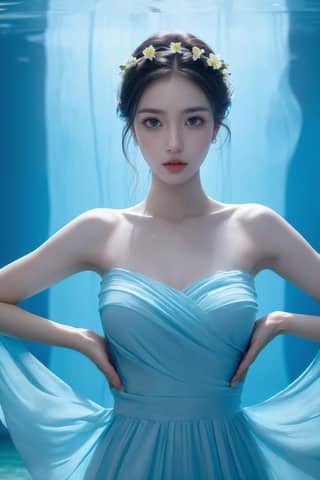 A beautiful woman in a blue dress posing underwater.
