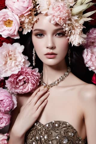 A beautiful woman wearing a flower crown surrounded by flowers.