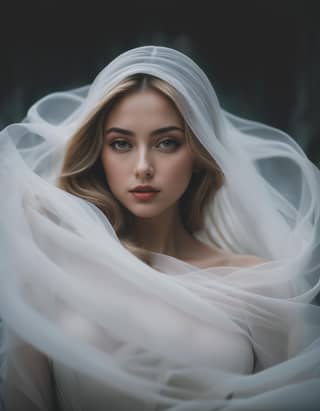 A beautiful woman wearing a white veil with the wind blowing through her hair.