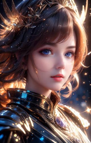 A fantasy anime girl with blue eyes and golden hair wearing a crown and a shiny dress.