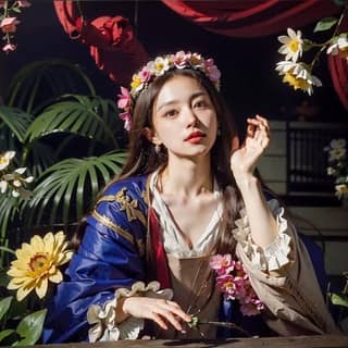 A girl in a blue dress and flowers in her hair sitting at a table.