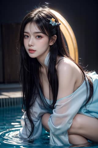 A girl in a blue dress sitting by a pool.