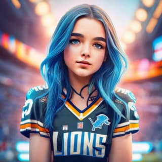 A girl with blue hair wearing a Lions jersey.