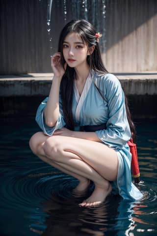 A girl in a blue kimono crouches in water.