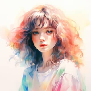 A girl with curly hair and a colorful hair wearing a white shirt.