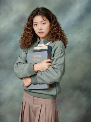 Une fille aux cheveux bouclés portant un pull vert tient un livre dans ses bras.