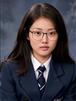 Una niña con gafas y uniforme escolar, y una niña con gafas y un traje azul.