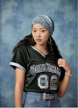 Seorang gadis memakai baju baseball dan headband, berpose untuk gambar dalam baju hijau dan anting-anting hoop.