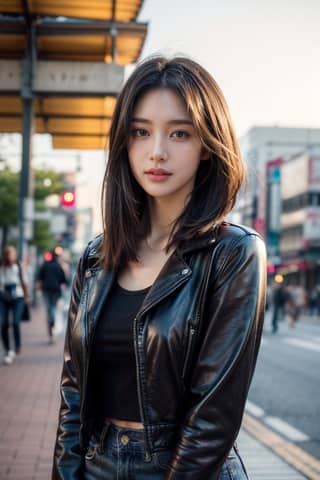 A girl wearing a black leather jacket is standing on the sidewalk.
