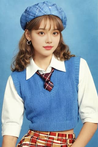 girl wearing a blue vest, sweater, and plaid skirt with a tie.