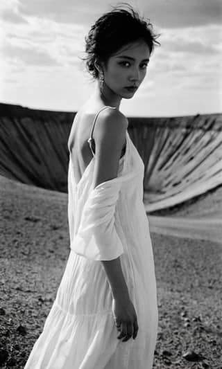 A girl in a white dress standing in front of a large crater and a field.