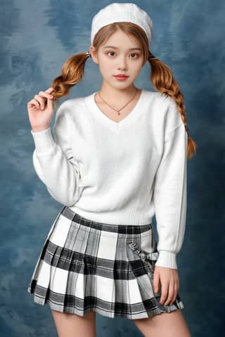 A girl/woman is wearing a white sweater and plaid skirt.