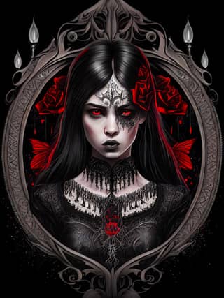 Seorang wanita gothic dengan mata merah dan riasan hitam, mengenakan gaun hitam dan memegang mawar merah.