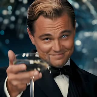 Leonardo DiCaprio dans Gatsby le Magnifique, en smoking tenant un verre de vin.