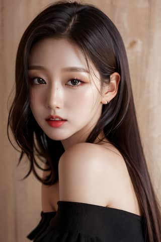 Com cabelos pretos longos e usando uma blusa preta, mostrando a beleza da beleza coreana.