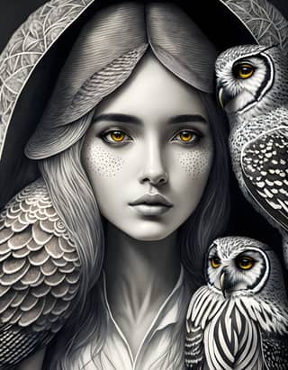 With long hair and two owls on her shoulder.