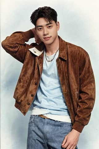 A man in a brown jacket and jeans is posing for a picture.