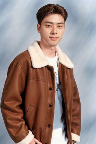 A man is wearing a brown jacket and white shirt.