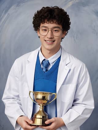 A man in a lab coat is holding a trophy.