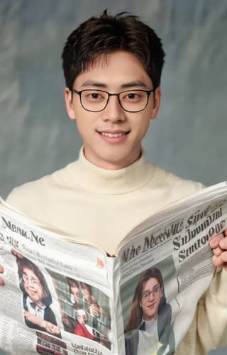 A man wearing glasses holds a newspaper with pictures on it and smiles, making the world a better place.