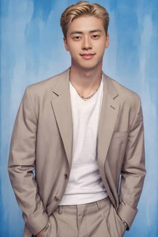 man wearing tan and beige suits posing in front of a blue background