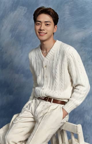 A man wearing a white sweater and pants is sitting on a chair.