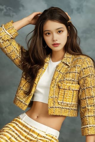 A model and actress wearing yellow and white clothing and posing for a picture.