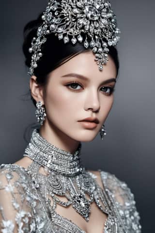 A model wearing a silver dress, jewelry, and a crystal headpiece showcasing the beauty of China's most beautiful face